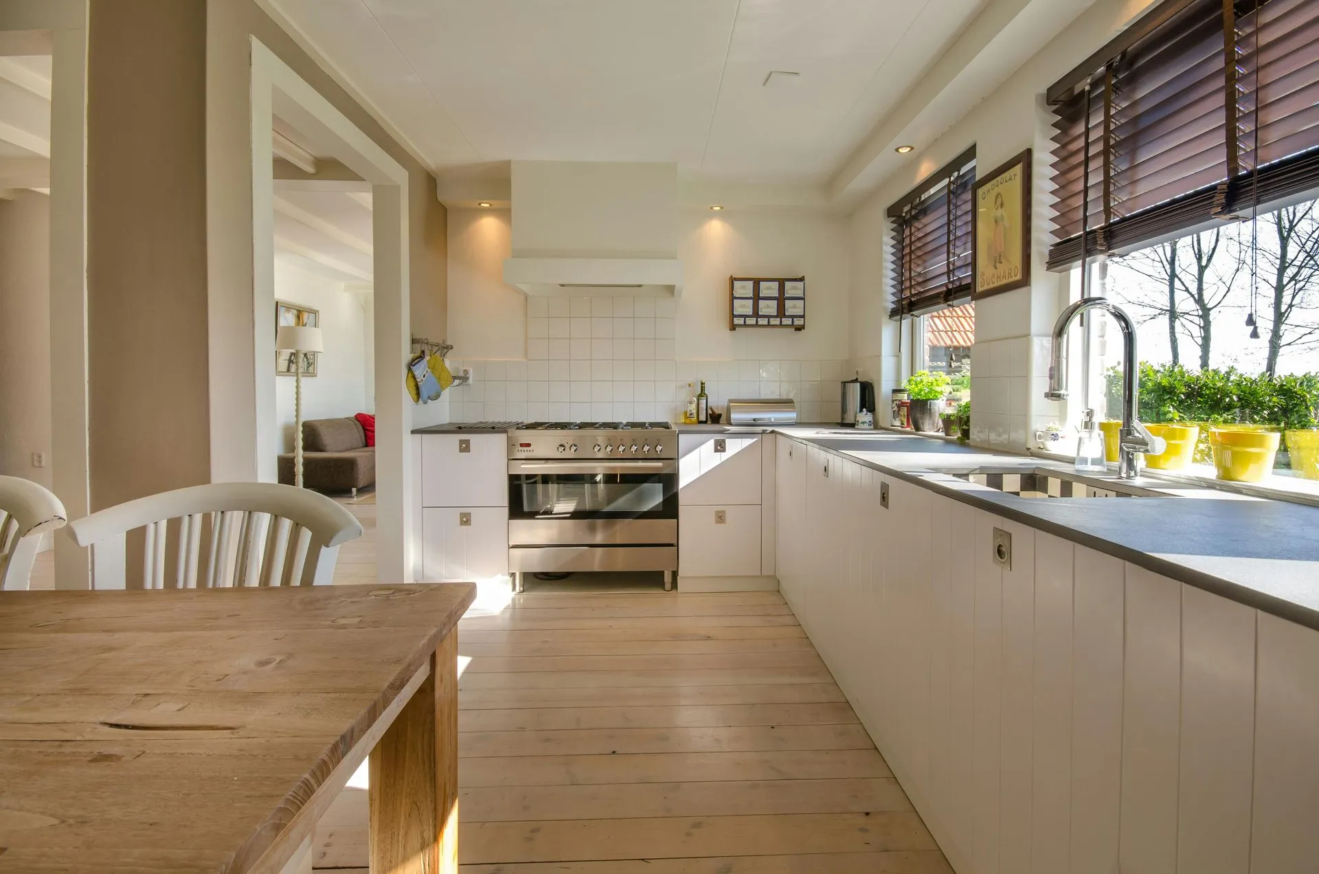 Bright kitchen with wooden floors, white cabinetry, and stainless steel stove. Sunlight streams through large windows with potted plants on the sill.